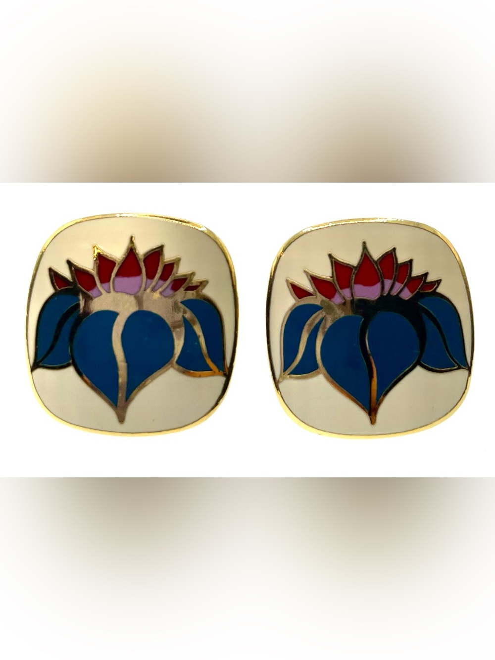 Vintage Laurel Burch Ho-Hwa Lotus Flower Enamel Post Earrings 3/4” Signed